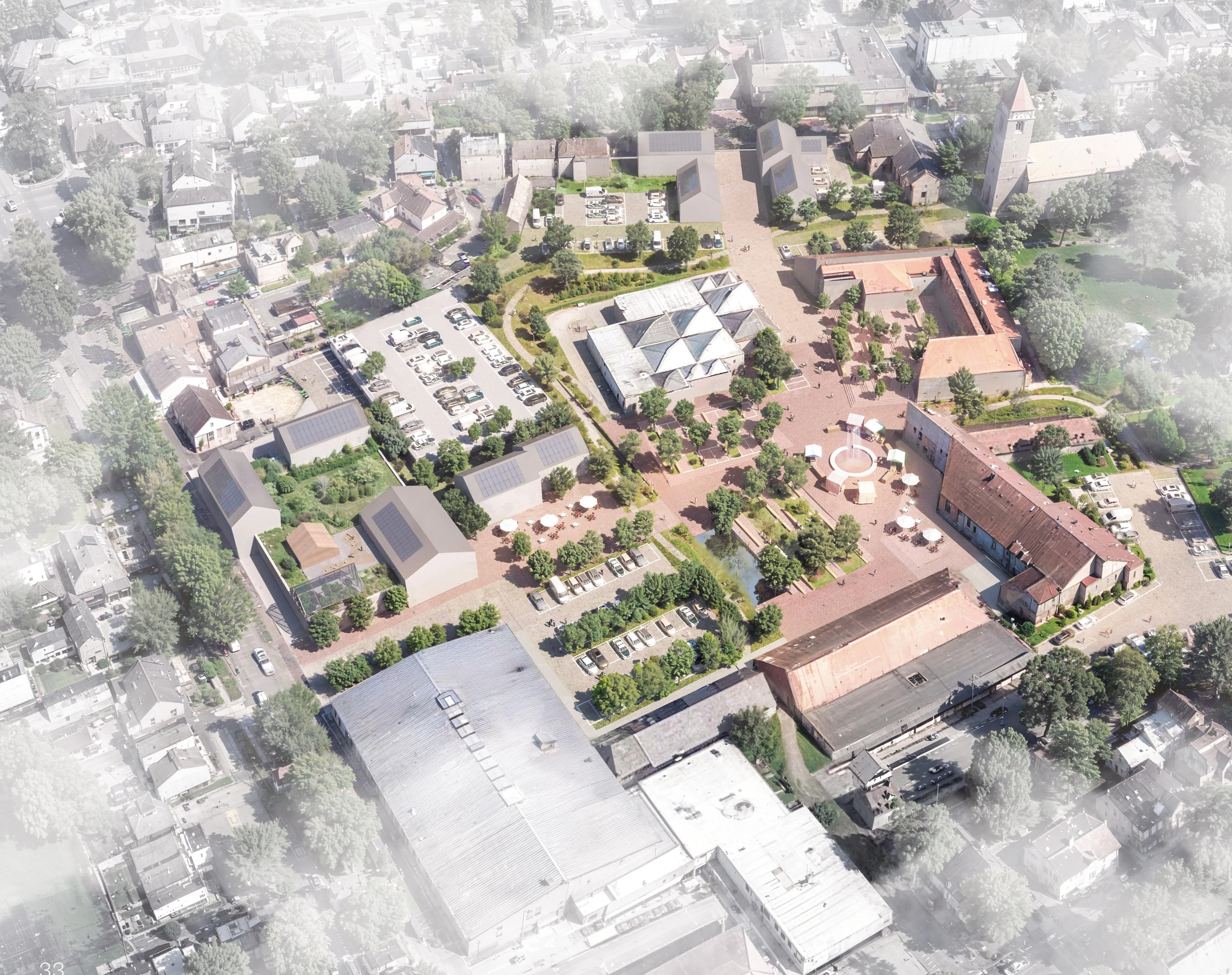 Luftbild der neu gestalteten Ortsmitte mit Marktplatz und Grünflächen