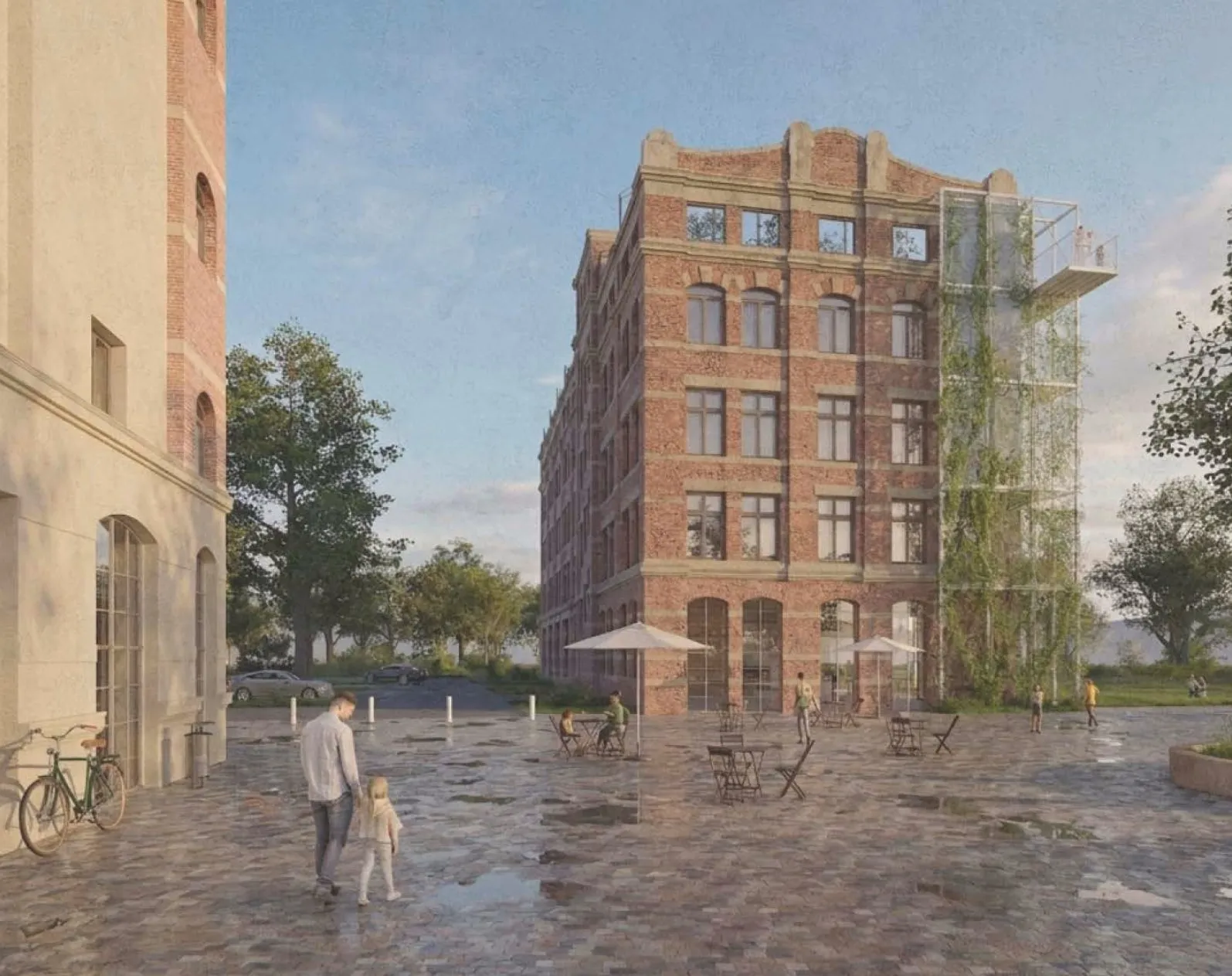 Perspektive des sanierten Backsteinbaus mit begrünter Ostfassade und Platz davor