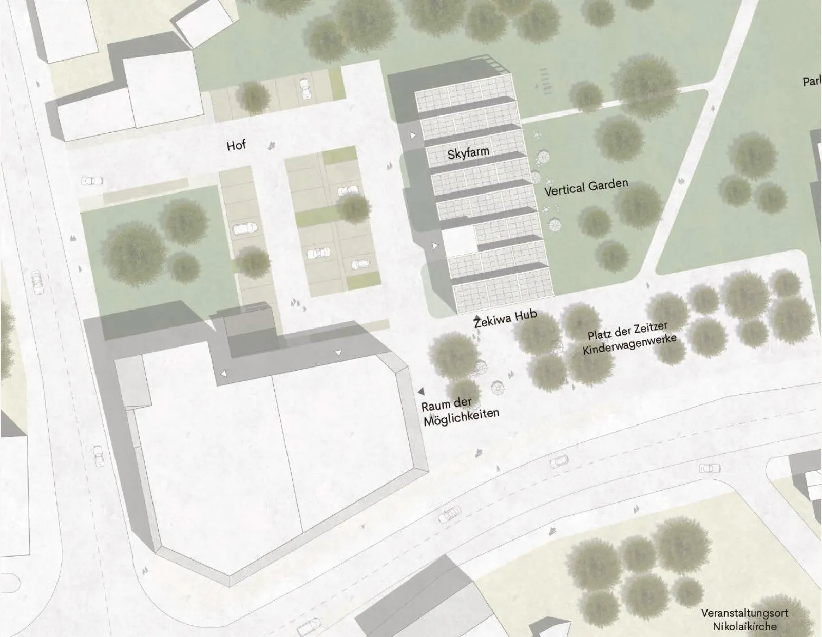 Lageplan mit Hof, Skyfarm, Vertical Garden, Zekiwa Hub und dem Platz der Zeitzer Kinderwagenwerke