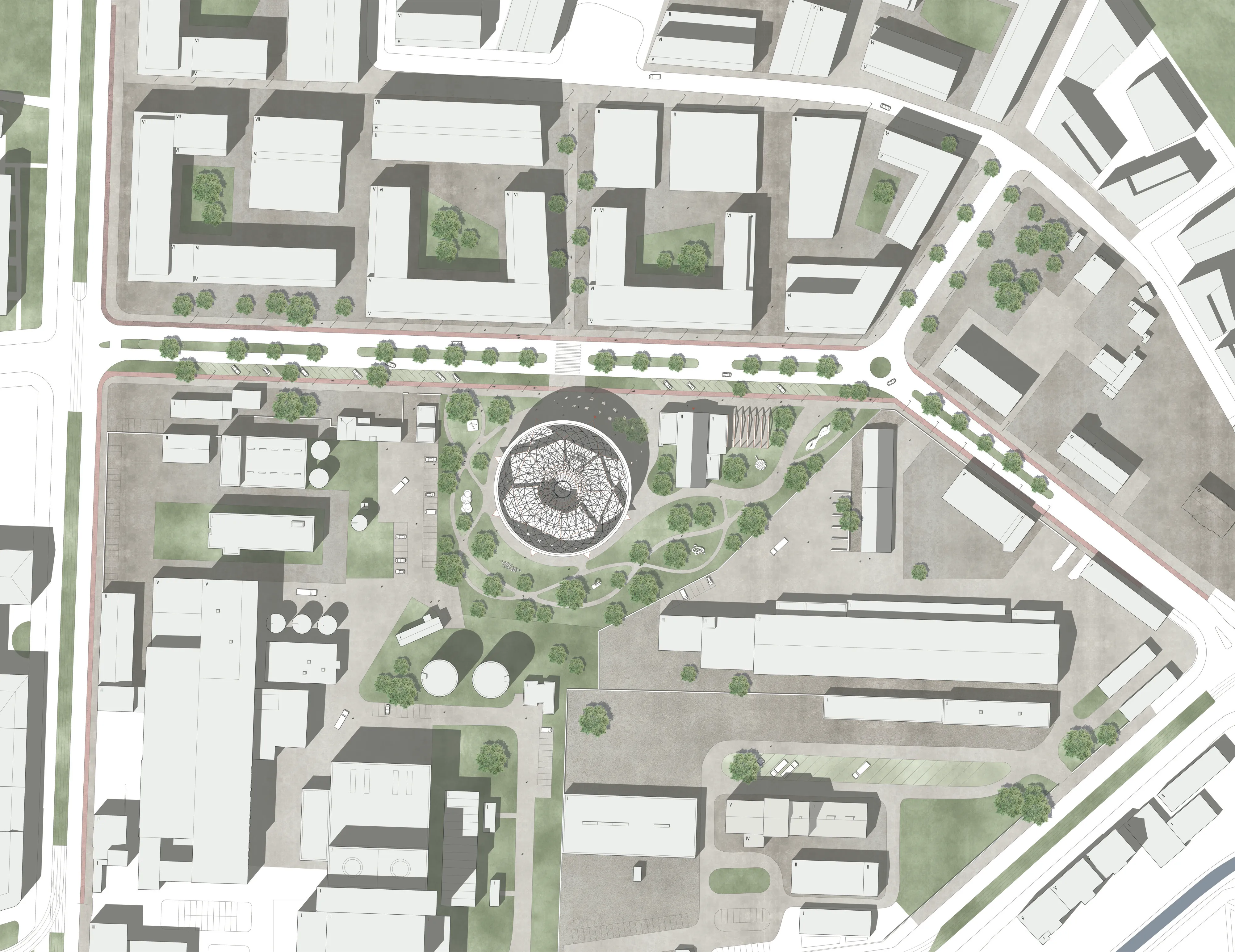 Lageplan mit dem Gasometer, neuem Vorplatz und begrünten Wegen
