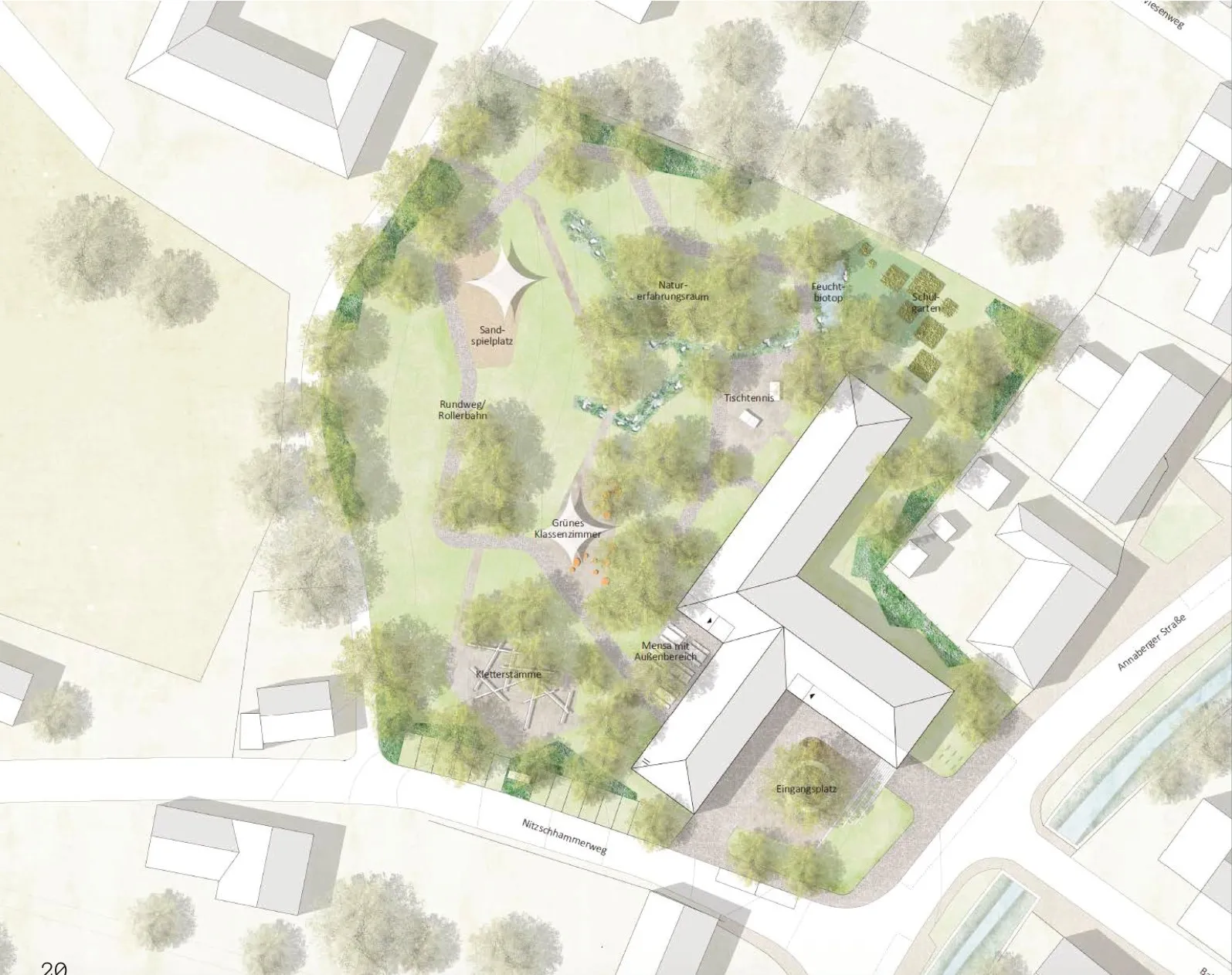 Lageplan mit naturnahem Schulhof und Vorplatz an der Annaberger Straße