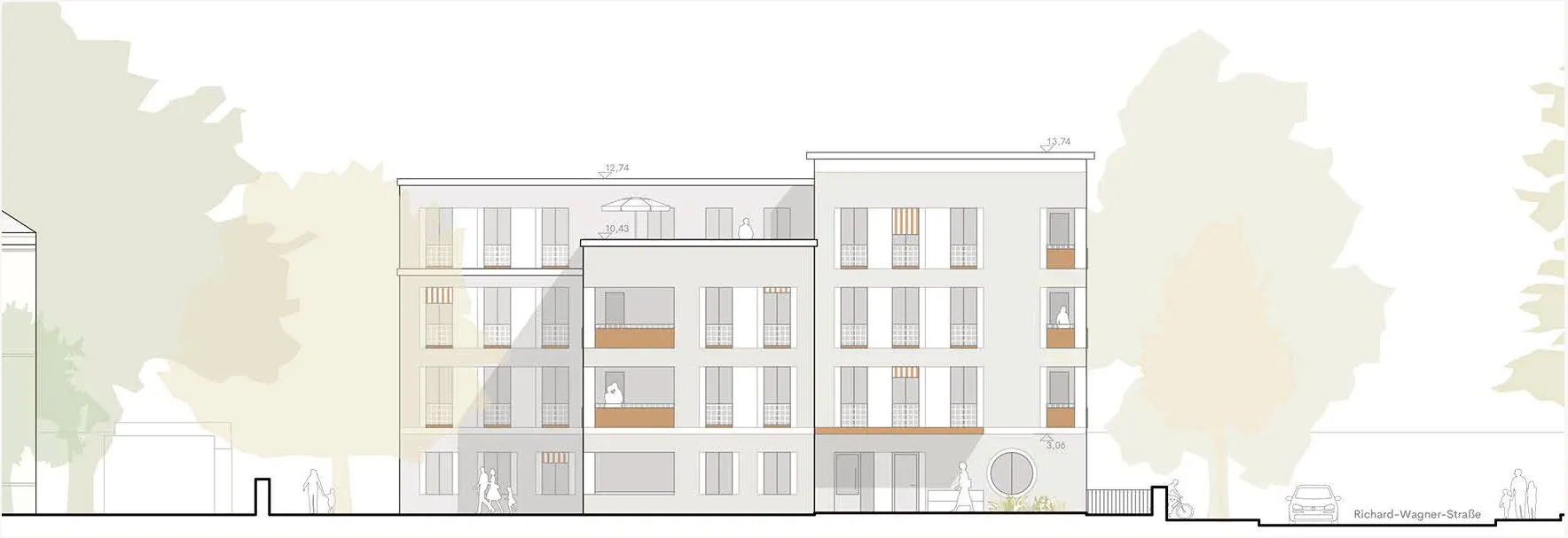 Straßenansicht mit dem Neubau zwischen den Nachbargebäuden