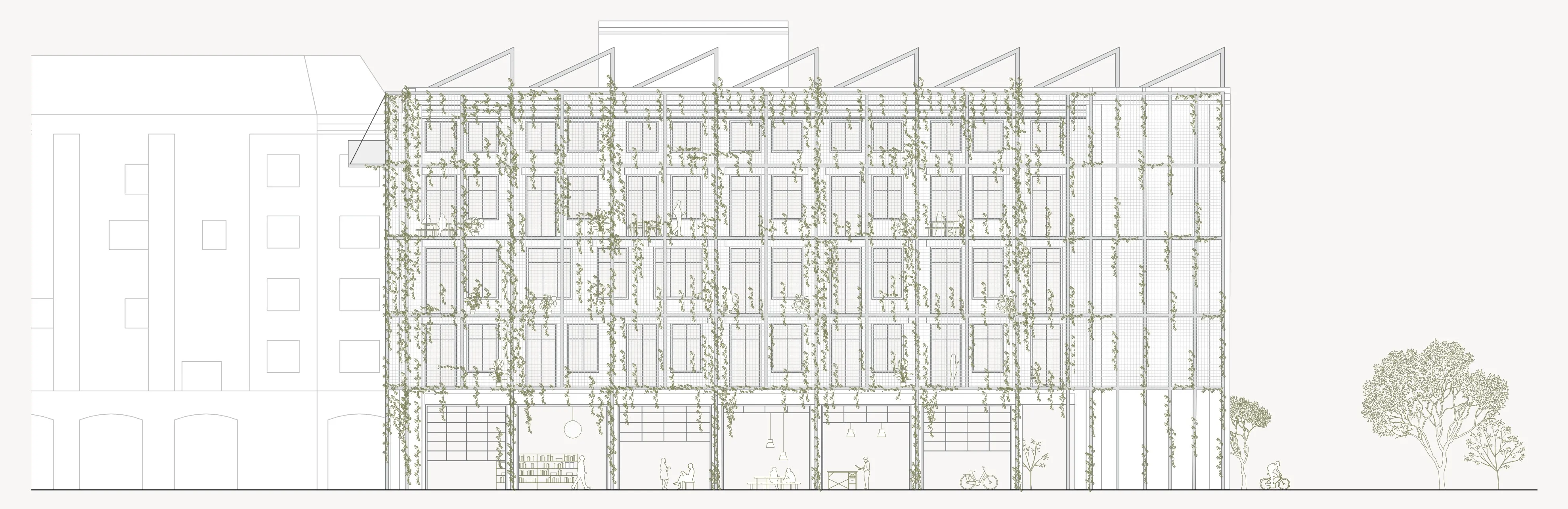 Ansicht der Ostfassade mit dem vorgestellten Rankgerüst