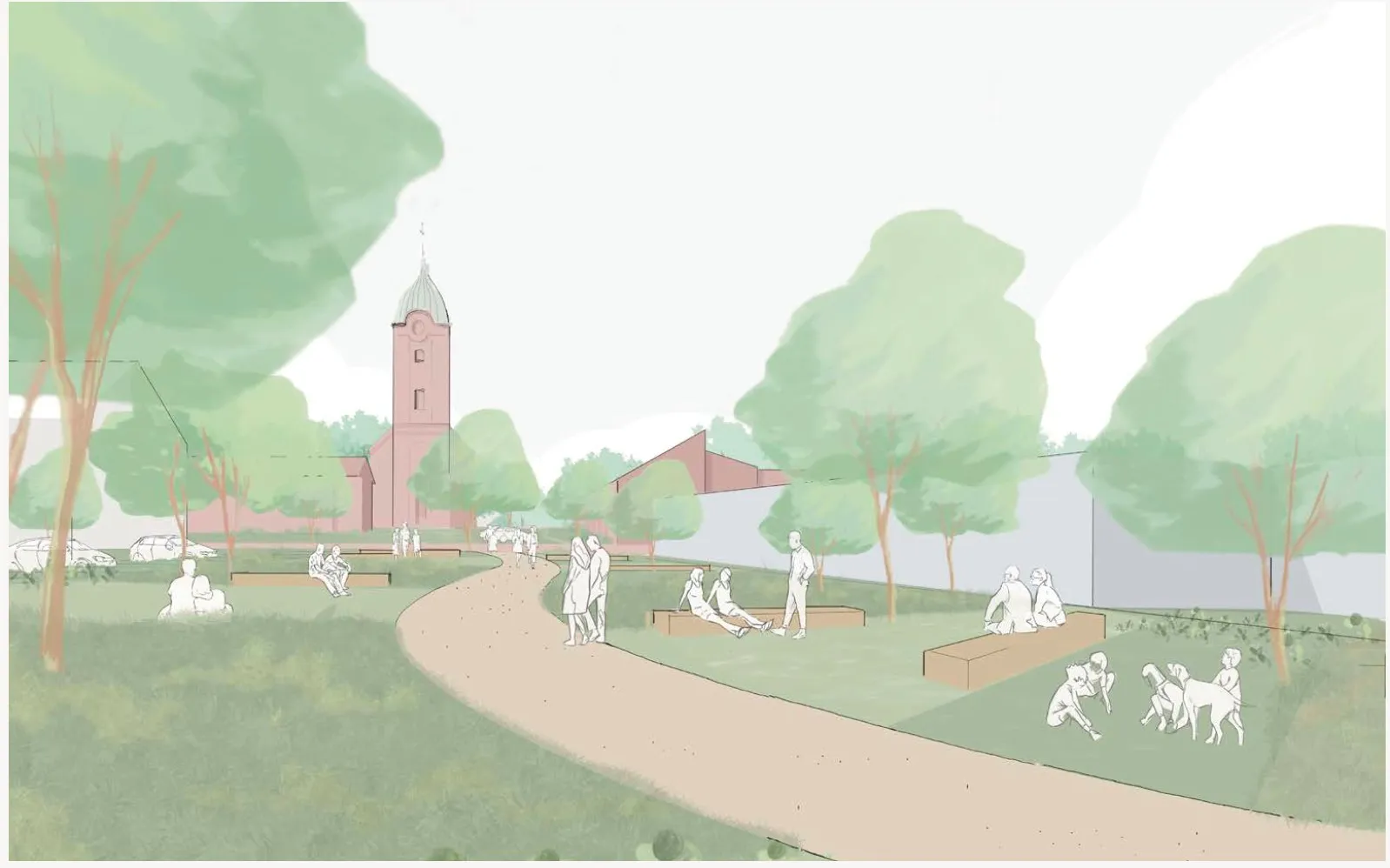 Perspektive des Parks mit geschwungenem Weg und Kirchturm im Hintergrund