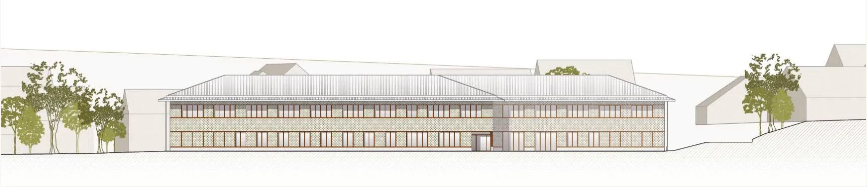 Ansicht der Schule mit den geneigten Dächern