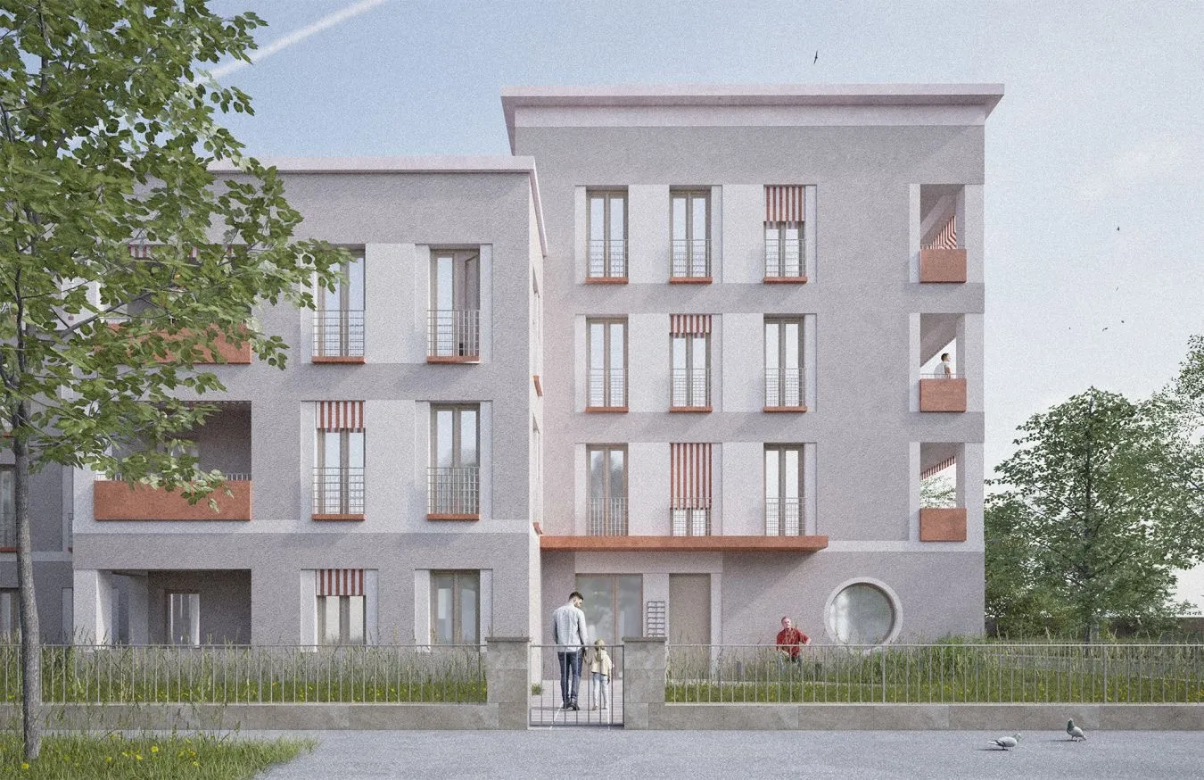 Frontale Perspektive der Putzfassade von der Wiener Straße