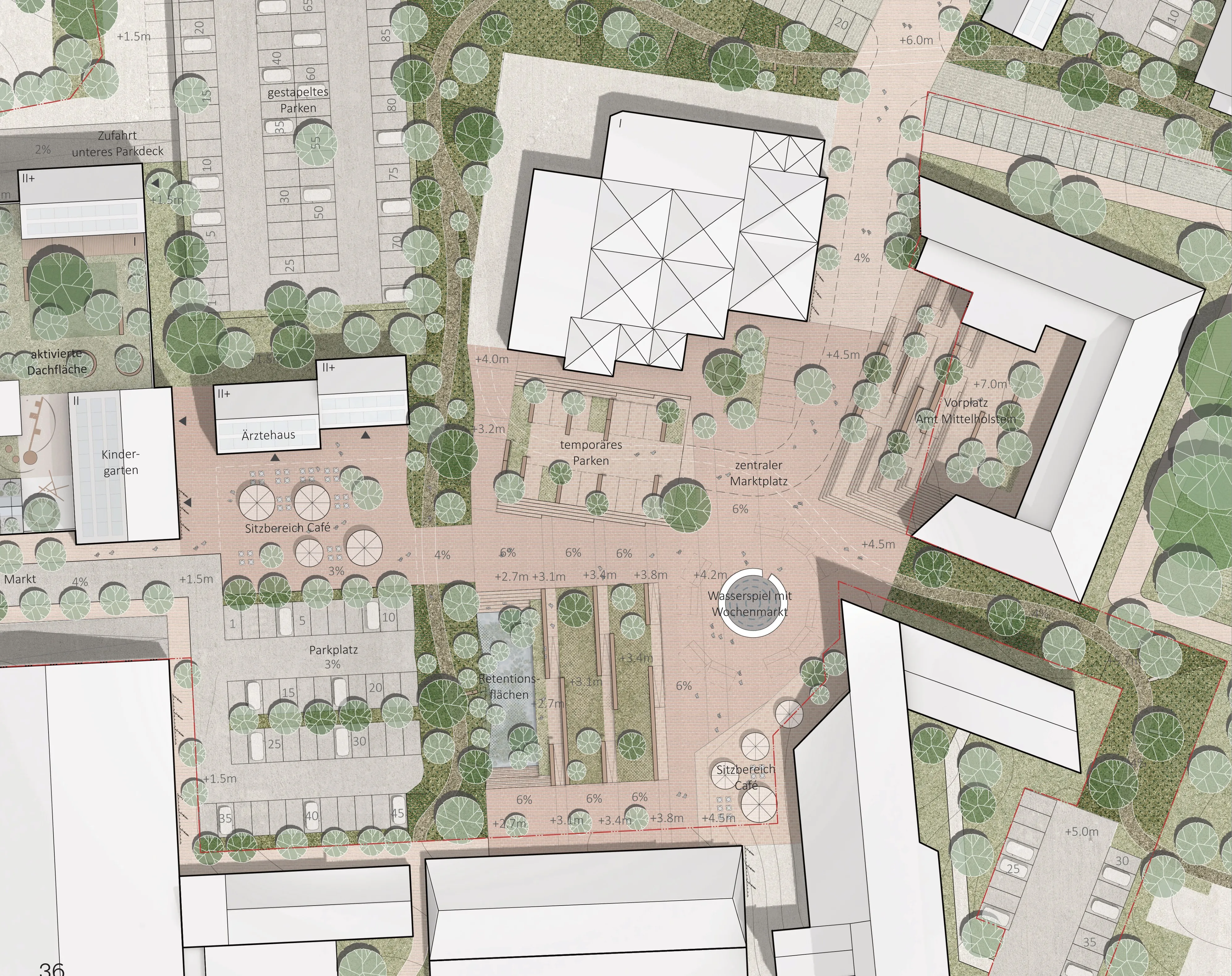 Lageplan des Marktplatzes mit Wasserspiel, Café, Retentionsflächen und Parken