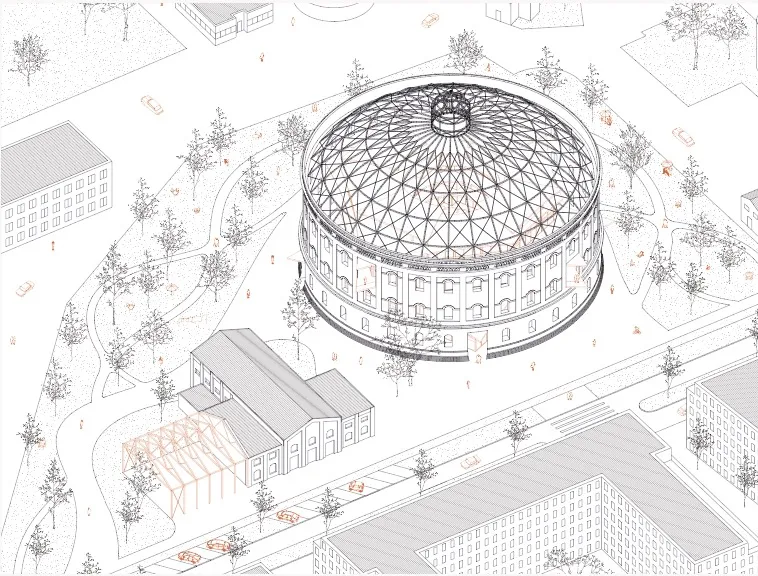 Isometrie des Gasometers mit Vorplatz und Umgebung