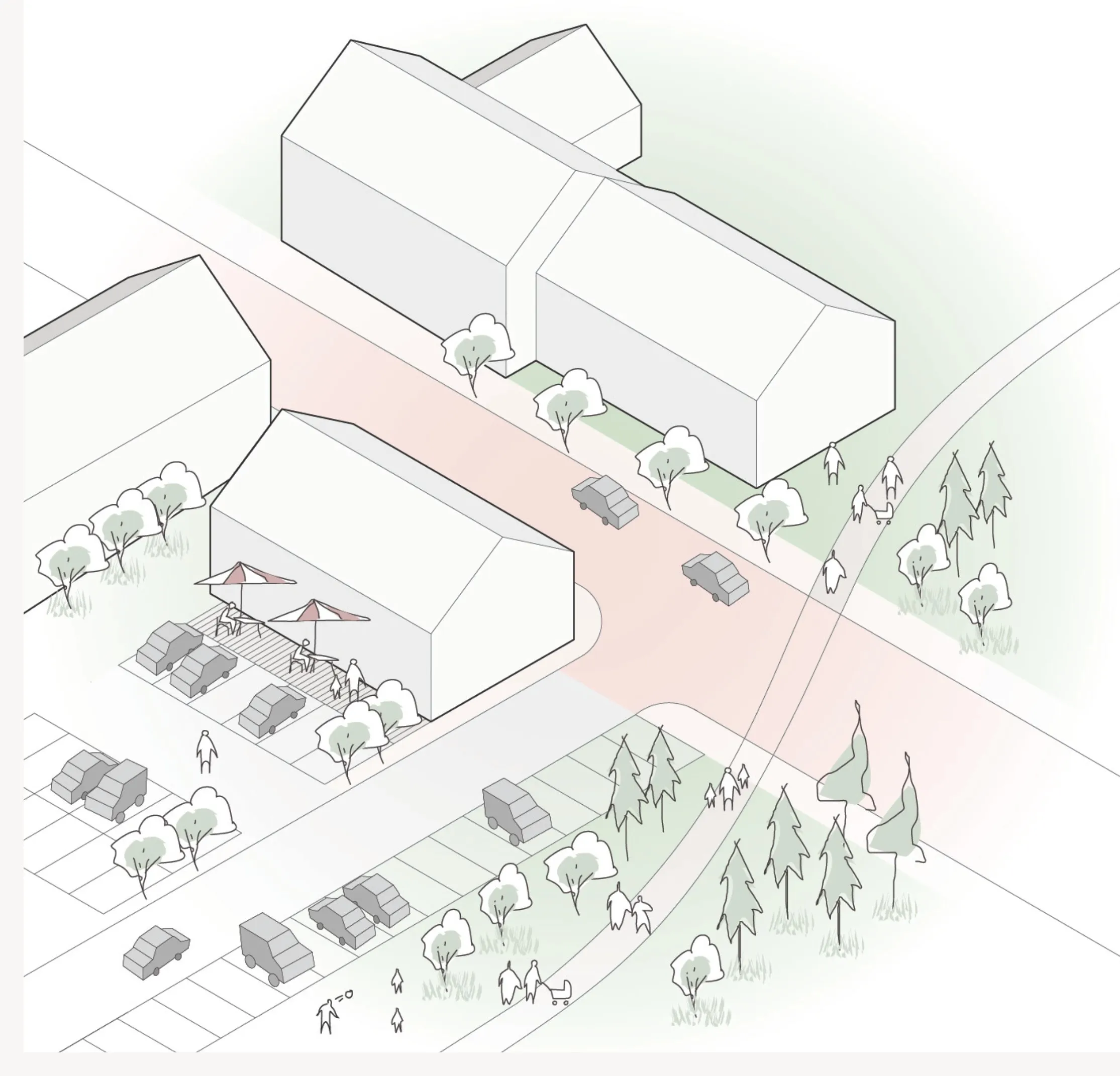 Axonometrie des Shared Space mit Parkplatz und Grünflächen